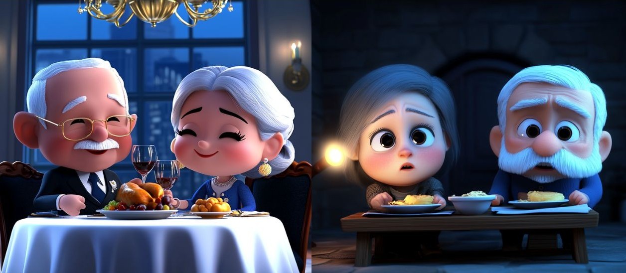 노후 준비 여부에 따른 삶의 차이 노후 준비 여부에 따른 은퇴 후 삶의 차이 비교(왼쪽 부유한 노부부, 오른쪽 가난한 노부부)