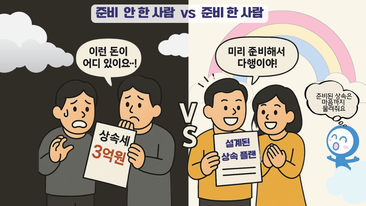 상속세를 준비한 사람과 안 한 사람 비교 상속세를 미리 준비 안 한 사람들의 모습과, 준비해서 안심하는 사람들을 비교한 이미지 입니다.