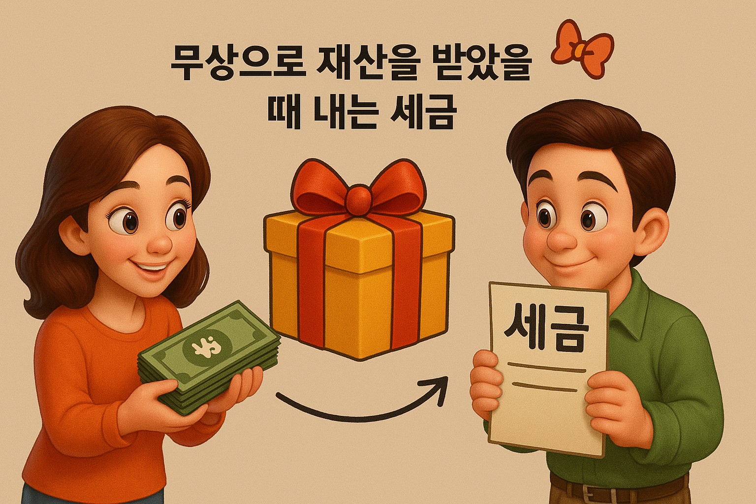 증여세란? 무상으로 재산을 받았을때 내는 세금 여성 캐릭터가 재산을 선물처럼 받았을때 내게되는 세금 증여세를 내고 있는 모습입니다.